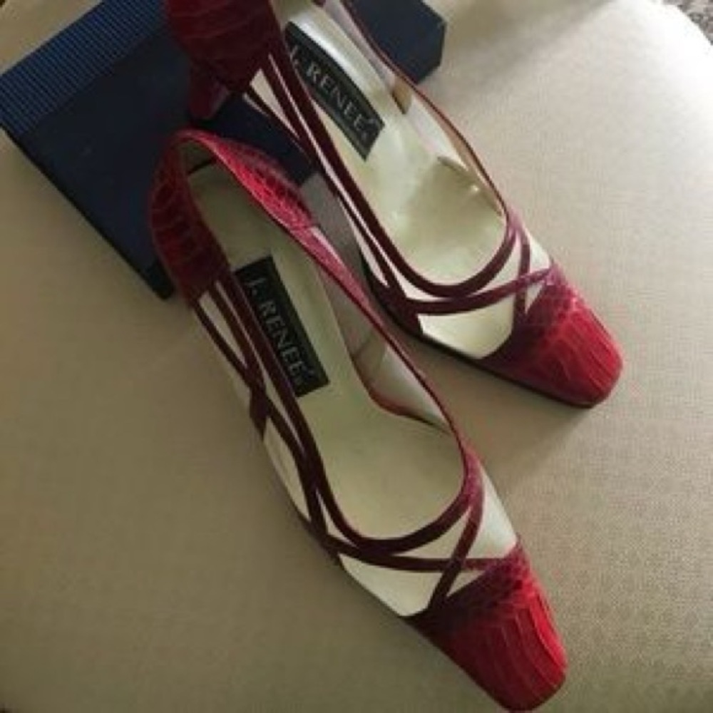 J. Renee Vintage Red Croc-Embossed Heels With Sheer Panel - Picture 2 of 7